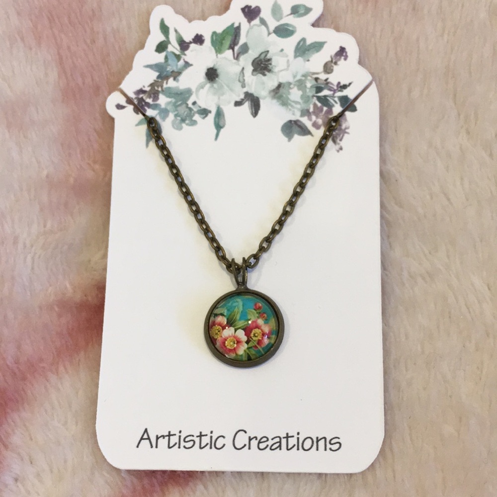 Teal Peach Floral Botanical Glass Cabashon pendant Necklace 18” Brass Chain